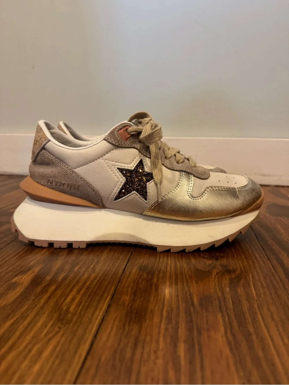 Vintage Havana Cream and Gold Platform Sneakers with Glitter Star